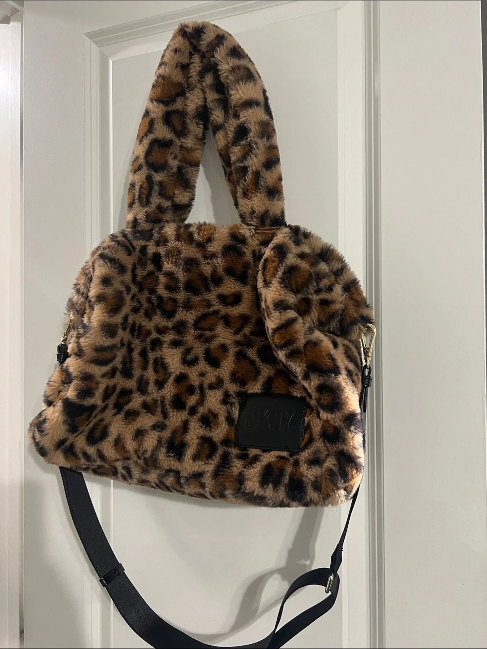 DKNY Leopard Print Faux Fur Shoulder Bag - Brown & Black - Picture 2 of 6